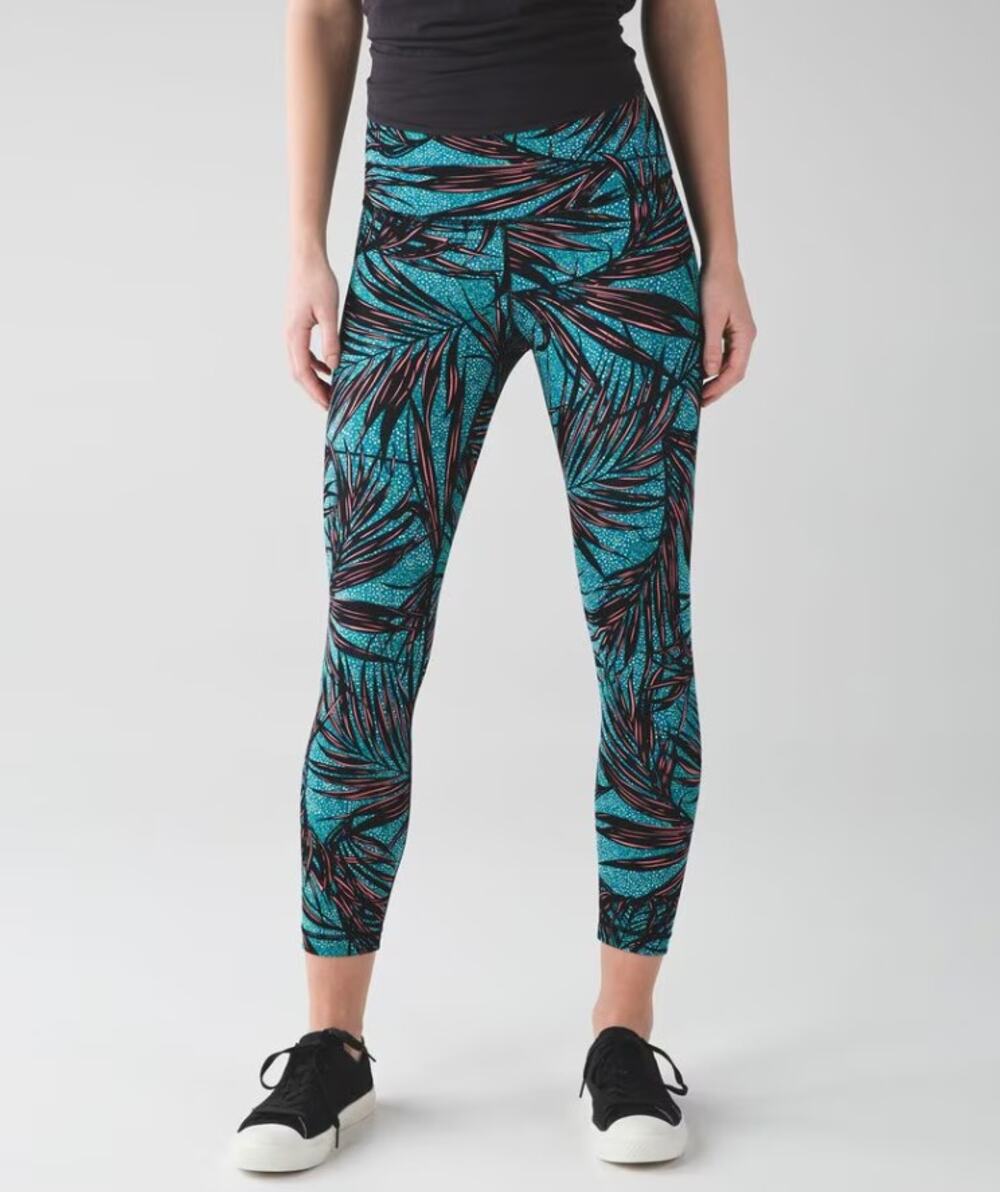 Lululemon High Times Blue Pink Leaf Ankle Leggings Active Tights Women's size 4
